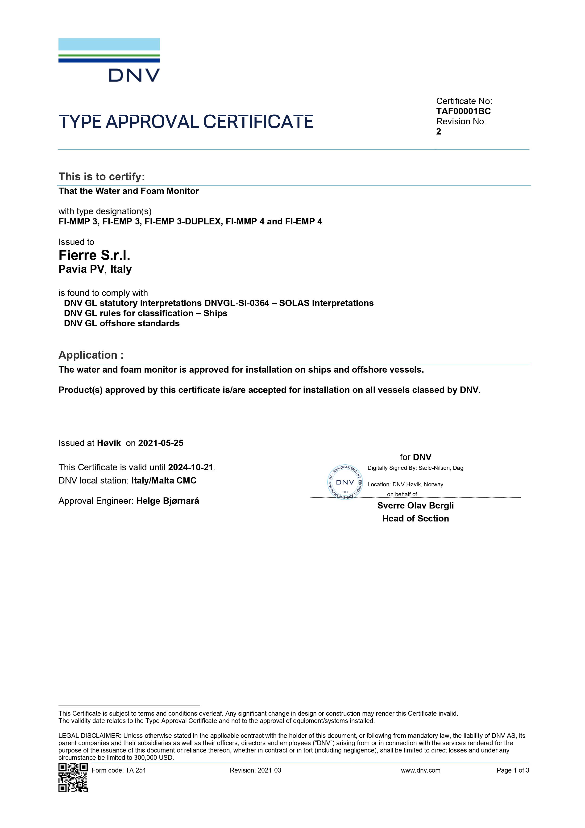 Marine Type Approval Certificate for monitors